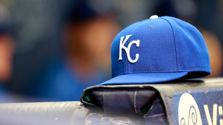Aug 30, 2015; St. Petersburg, FL, USA; Kansas City Royals hat lays in the dugout against the Tampa Bay Rays at Tropicana Field. Mandatory Credit: Kim Klement-Imagn Images
