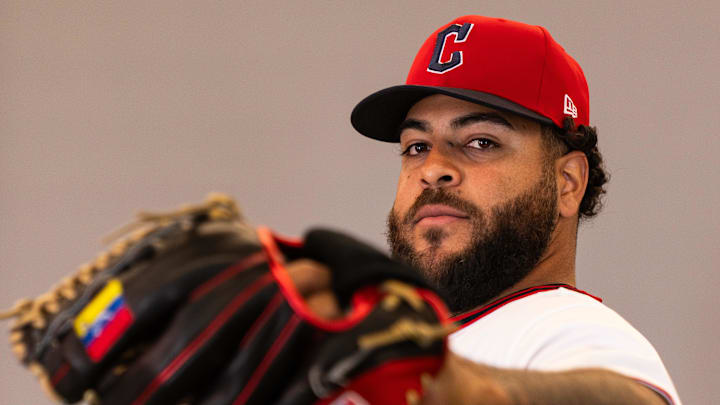 Feb 19, 2026; Goodyear, AZ, USA; Cleveland Guardians pitcher Pedro Avila (60) during media day in Goodyear. Mandatory Credit: Arianna Grainey-Imagn Images