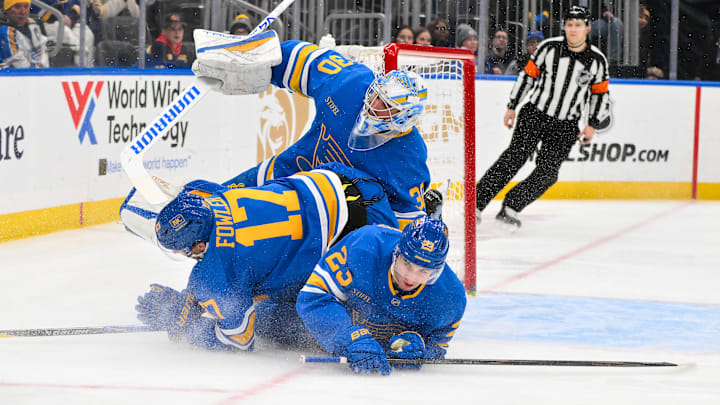 Jan 24, 2026; St. Louis, Missouri, USA; St. Louis Blues defenseman Cam Fowler (17) and defenseman Logan Mailloux (23) collide with goaltender Joel Hofer (30) during the third period against the Los Angeles Kings at Enterprise Center. Mandatory Credit: Jeff Curry-Imagn Images