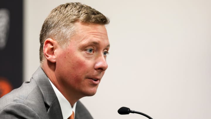Trent Bray is formally introduced as Oregon State football   s head coach during a press conference on Wednesday, Nov. 29, 2023 at Oregon State University in Corvallis, Ore.