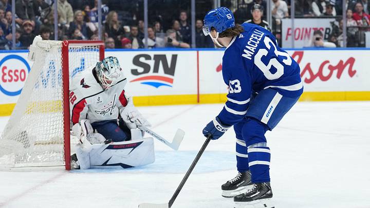 Apr 8, 2026; Toronto, Ontario, CAN; Toronto Maple Leafs left wing Matias Maccelli (63) attempts a shot on Washington Capitals goaltender Logan Thompson (48) during the first period at Scotiabank Arena. Mandatory Credit: Nick Turchiaro-Imagn Images