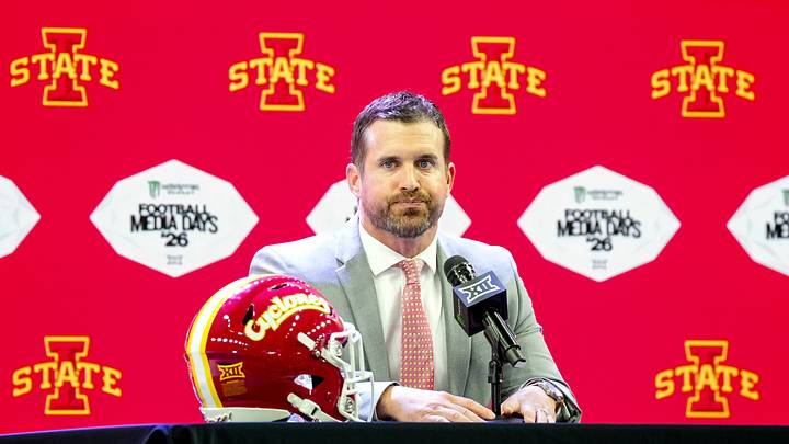 Jul 8, 2026; Frisco, TX, USA; Iowa State head coach Jimmy Rogers speaks to reporters during Big 12 Conference Football Media Days at The Star. Mandatory Credit: Raymond Carlin III-Imagn Images Jul 8, 2026; Frisco, TX, USA; Iowa State head coach Jimmy Rogers speaks to reporters during Big 12 Conference Football Media Days at The Star. Mandatory Credit: Raymond Carlin III-Imagn Images