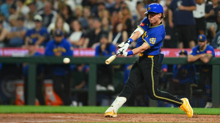 Aug 7, 2026; Seattle, Washington, USA; Seattle Mariners shortstop Colt Emerson (4) hits a single against the Tampa Bay Rays during the eighth inning at T-Mobile Park. Mandatory Credit: Steven Bisig-Imagn Images Aug 7, 2026; Seattle, Washington, USA; Seattle Mariners shortstop Colt Emerson (4) hits a single against the Tampa Bay Rays during the eighth inning at T-Mobile Park. Mandatory Credit: Steven Bisig-Imagn Images