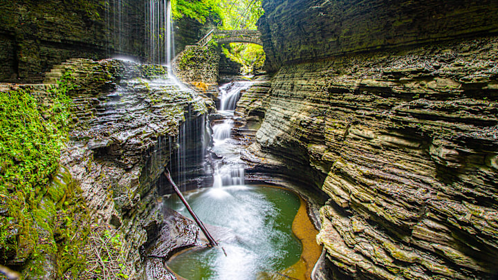 Waterfall and bridge at Watkins Glen State Park, New York.