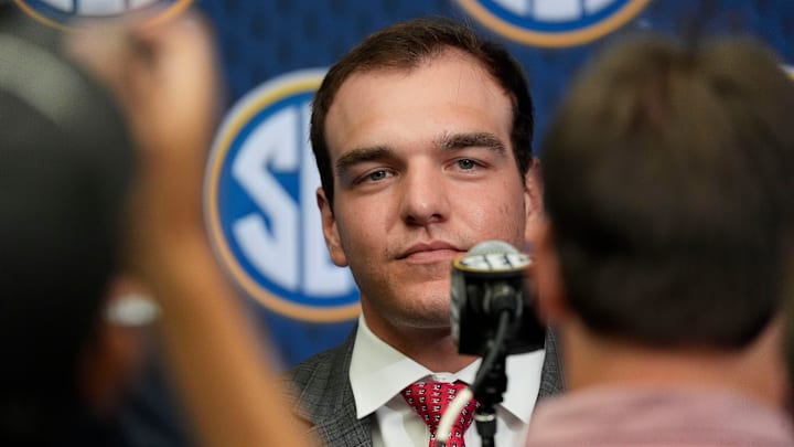 July 15, 2025; Atlanta, GA, USA; Georgia quarterback Gunner Stockton listens to a question in the Main Media Room during SEC Media Days at the College Football Hall of Fame in Atlanta. July 15, 2025; Atlanta, GA, USA; Georgia quarterback Gunner Stockton listens to a question in the Main Media Room during SEC Media Days at the College Football Hall of Fame in Atlanta.