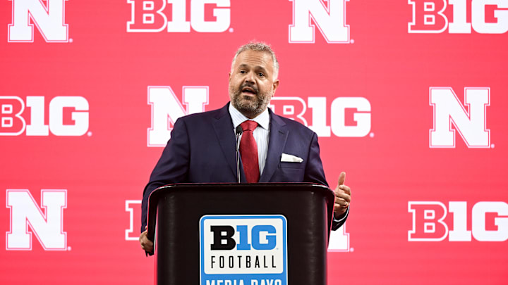 Jul 24, 2024; Indianapolis, IN, USA;  Nebraska Cornhuskers head coach Matt Rhule speaks to the media during the Big 10 football media day at Lucas Oil Stadium. Mandatory Credit: Robert Goddin-Imagn Images