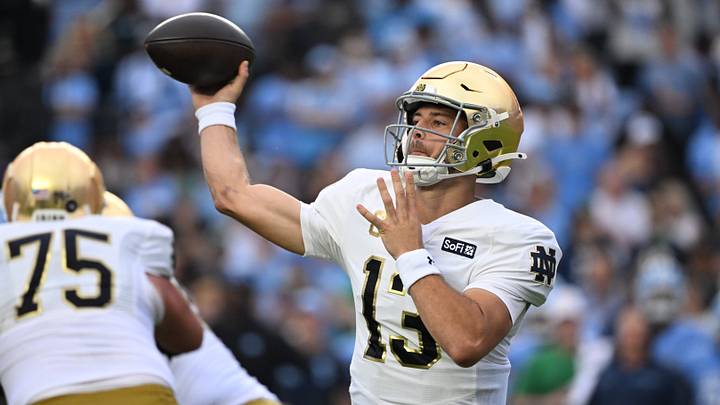 Oct 3, 2026; Chapel Hill, North Carolina, USA; Notre Dame Fighting Irish quarterback CJ Carr (13) passes the ball in the first quarter at Kenan Stadium. Mandatory Credit: Bob Donnan-Imagn Images