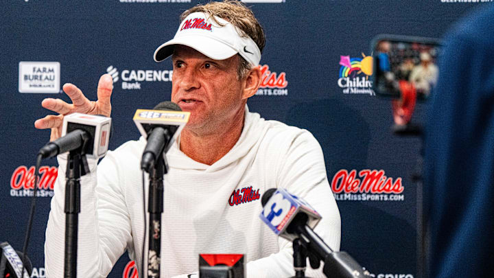 Ole Miss head coach Lane Kiffin answers questions from the press after a college football game between Mississippi State and Ole Miss at Davis Wade Stadium in Starkville, Miss., on Friday, Nov. 28, 2025. Ole Miss defeated Mississippi State 38-19 in the Egg Bowl.