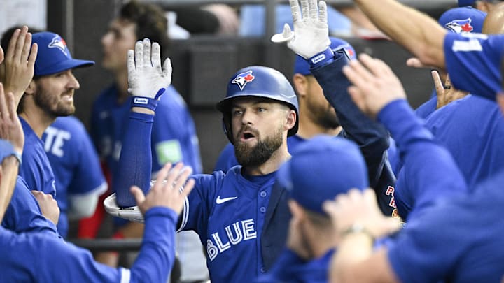 Jul 7, 2025; Chicago, Illinois, USA;  Toronto Blue Jays outfielder Nathan Lukes (38) celebrates in the dugout after his home run against the Chicago White Sox during the fifth inning at Rate Field. 