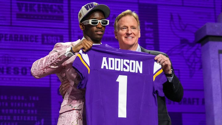 Apr 27, 2023; Kansas City, MO, USA; USC wide receiver Jordan Addison with NFL commissioner Roger