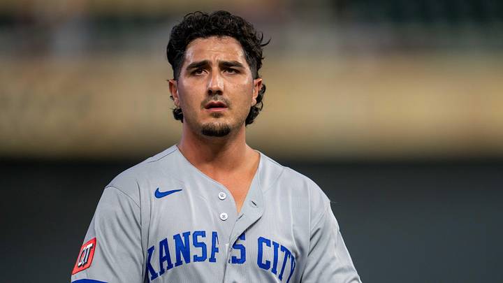 Jun 4, 2026; Minneapolis, Minnesota, USA; Kansas City Royals pinch hitter Josh Rojas (40) looks on against the Minnesota Twins in the ninth inning at Target Field. Mandatory Credit: Jesse Johnson-Imagn Images