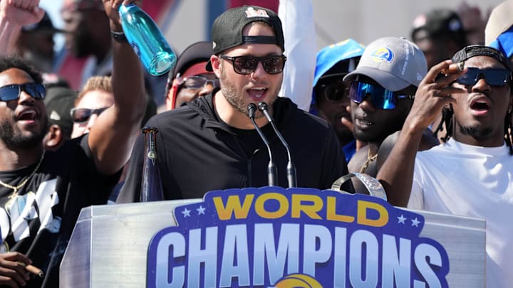 Feb 16, 2022; Los Angeles, CA, USA; Los Angeles Rams quarterback Matthew Stafford during the Super Bowl LVI championship rally at the Los Angeles Memorial Coliseum. Mandatory Credit: Kirby Lee-Imagn Images