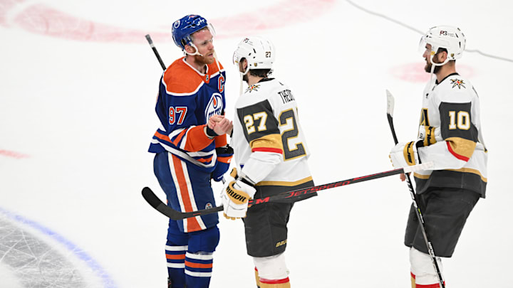 Edmonton Oilers center Connor McDavid (97) shakes hands