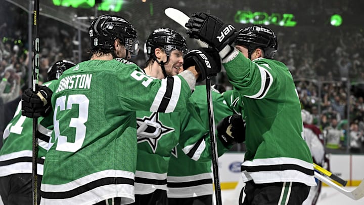 May 15, 2024; Dallas, Texas, USA; Dallas Stars defenseman Miro Heiskanen (4) and left wing Jason
