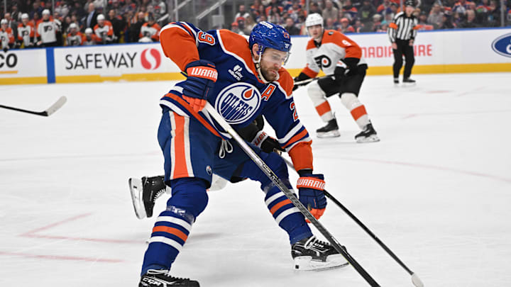 Jan 3, 2026; Edmonton, Alberta, CAN; Edmonton Oilers center Leon Draisaitl (29) and  Philadelphia Flyers defenseman Emil Andrae (36) are seen out on the ice during the first period at Rogers Place. Mandatory Credit: Walter Tychnowicz-Imagn Images