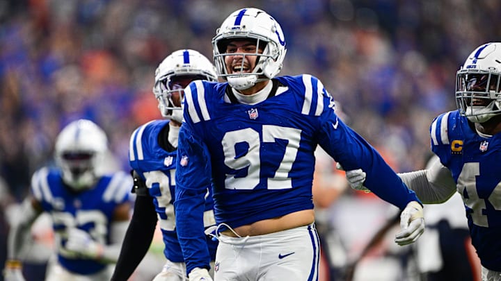 Sep 22, 2024; Indianapolis, Indiana, USA; Indianapolis Colts defensive end Laiatu Latu (97) celebrates a sack during the second half against the Chicago Bears at Lucas Oil Stadium. Mandatory Credit: Marc Lebryk-Imagn Images
Sep 22, 2024; Indianapolis, Indiana, USA; Indianapolis Colts defensive end Laiatu Latu (97) celebrates a sack during the second half against the Chicago Bears at Lucas Oil Stadium. Mandatory Credit: Marc Lebryk-Imagn Images