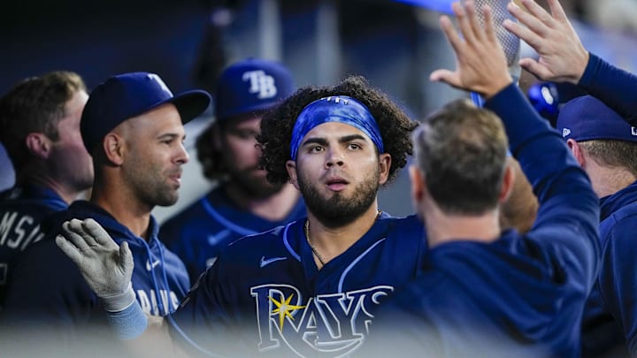 May 13, 2026; Toronto, Ontario, CAN;  Tampa Bay Rays first baseman Jonathan Aranda (8) celebrates after scoring against the Toronto Blue Jays during the seventh inning at Rogers Centre. Mandatory Credit: Kevin Sousa-Imagn Images