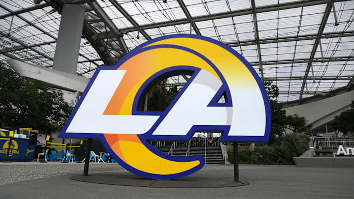Aug 16, 2025; Inglewood, California, USA; The Los Angeles Rams logo at SoFi Stadium. Mandatory Credit: Kirby Lee-Imagn Images