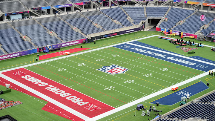 Feb 1, 2025; Orlando, FL, USA; A general overall view of the Pro Bowl Games, NFL shield and AFC and NFC logos on the Camping World Stadium flag football field. Mandatory Credit: Kirby Lee-Imagn Images