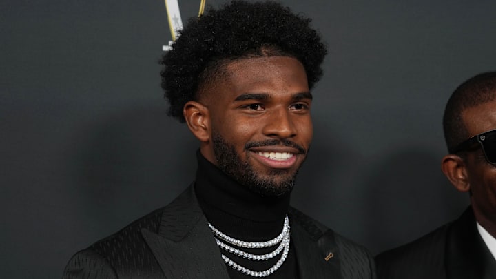 Feb 6, 2025; New Orleans, LA, USA;  Shedeur Sanders on the red carpet before Super Bowl LIX NFL Honors at Saenger Theatre.