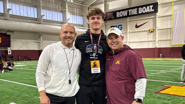 Brooks Bakko visiting the University of Minnesota campus alongside P.J. Fleck and tight ends coach Eric Koehler. Brooks Bakko visiting the University of Minnesota campus alongside P.J. Fleck and tight ends coach Eric Koehler.