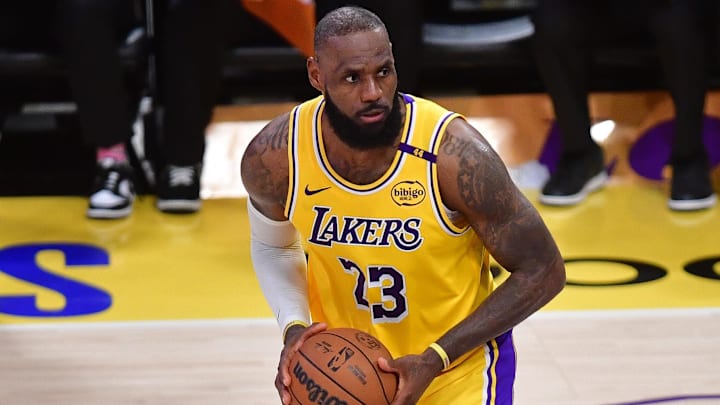 Los Angeles Lakers forward LeBron James (23) controls the ball against the Minnesota Timberwolves during the second half in game five of first round for the 2025 NBA Playoffs at Crypto.com Arena.