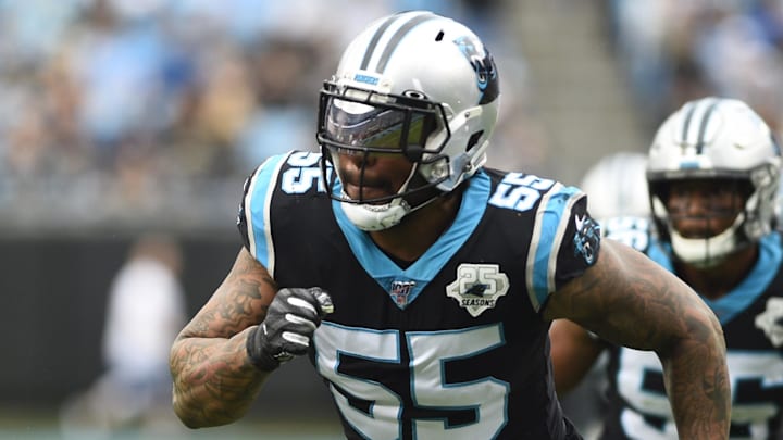 Dec 29, 2019; Charlotte, North Carolina, USA; Carolina Panthers linebacker Bruce Irvin (55) on the field in the first quarter at Bank of America Stadium. Mandatory Credit: Bob Donnan-Imagn Images