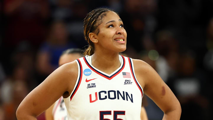 Apr 3, 2026; Phoenix, AZ, USA; UConn Huskies forward Sarah Strong (55) against South Carolina Gamecocks during the semifinal of the Final Four of the women's 2026 NCAA Tournament at Mortgage Matchup Center. Mandatory Credit: Mark J. Rebilas-Imagn Images
