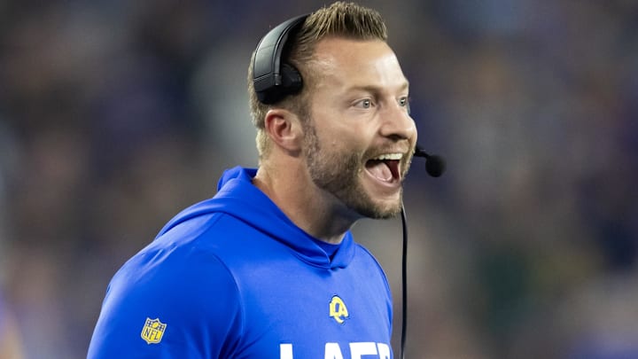Los Angeles Rams head coach Sean McVay celebrates a touchdown against the Minnesota Vikings during an NFC wild card game at State Farm Stadium.