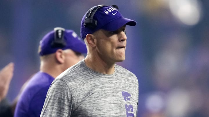 Dec 26, 2024; Phoenix, AZ, USA; Kansas State Wildcats co-offensive coordinator Matt Wells against the Rutgers Scarlet Knights during the Rate Bowl at Chase Field. Mandatory Credit: Mark J. Rebilas-Imagn Images