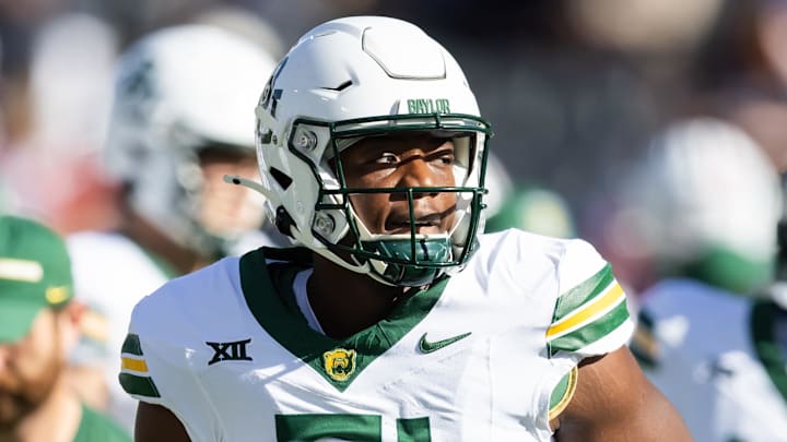 Nov 22, 2025; Tucson, Arizona, USA; Baylor Bears linebacker Kamauryn Morgan (51) against the Arizona Wildcats at Casino Del Sol Stadium. Mandatory Credit: Mark J. Rebilas-Imagn Images Nov 22, 2025; Tucson, Arizona, USA; Baylor Bears linebacker Kamauryn Morgan (51) against the Arizona Wildcats at Casino Del Sol Stadium. Mandatory Credit: Mark J. Rebilas-Imagn Images