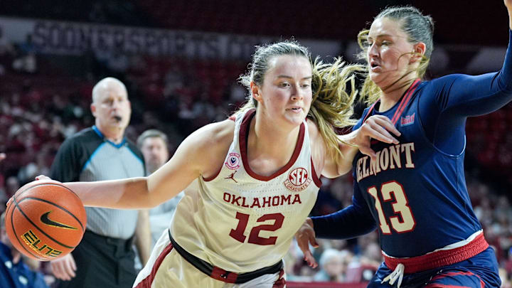 Oklahoma guard Payton Verhulst battles through contact against Belmont.