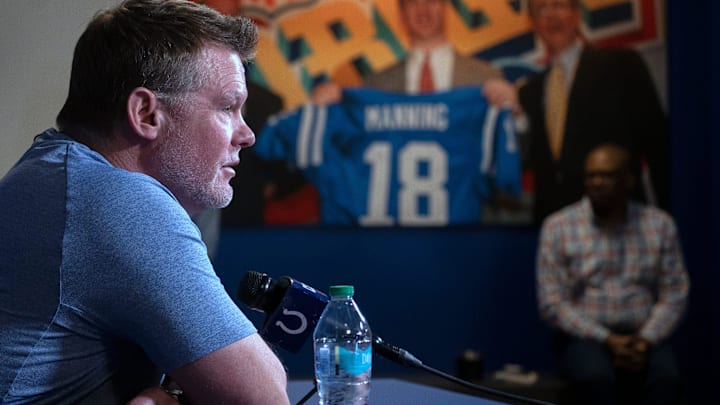 Indianapolis Colts General Manager Chris Ballard speaks to the press in a pre-draft press conference Monday, April 21, 2025 at the Colts headquarters, the Indiana Farm Bureau Football Center. Indianapolis Colts General Manager Chris Ballard speaks to the press in a pre-draft press conference Monday, April 21, 2025 at the Colts headquarters, the Indiana Farm Bureau Football Center.