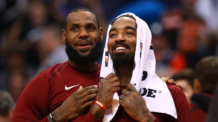 Mar 13, 2018; Phoenix, AZ, USA; Cleveland Cavaliers forward LeBron James (left) and guard J.R. Smith against the Phoenix Suns at Talking Stick Resort Arena. Mandatory Credit: Mark J. Rebilas-Imagn Images