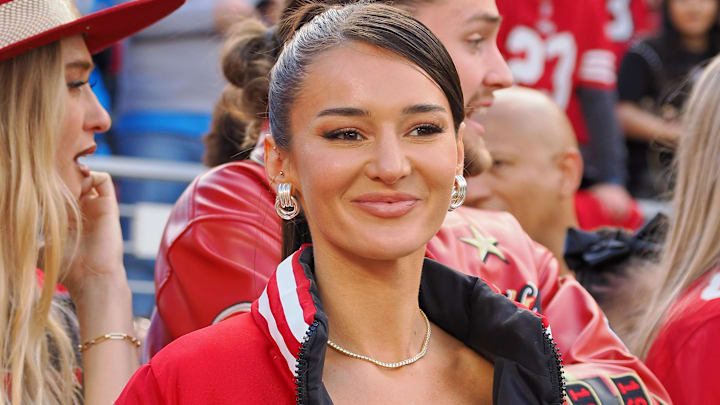 Kristin Juszczyk wears a custom made jacket in show of her support for her husband San Francisco 49ers fullback Kyle Juszczyk.