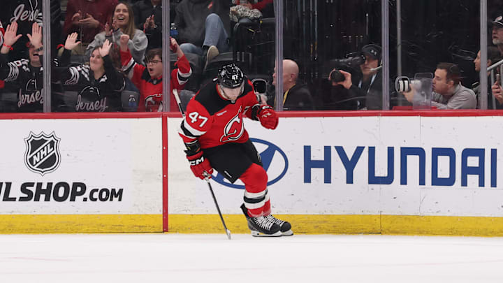 New Jersey Devils left wing Paul Cotter (47) celebrates his goal: Ed Mulholland-Imagn Images