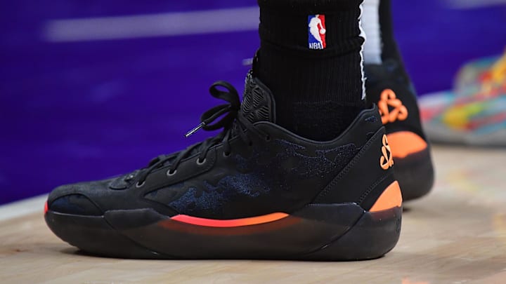 January 15, 2025; Los Angeles, California, USA; The shoes of Miami Heat guard Jaime Jaquez Jr. (11) pictured at Crypto.com Arena.
