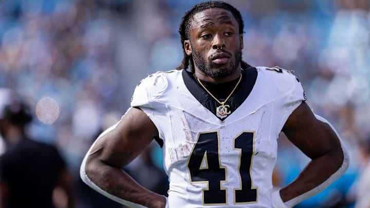 Nov 3, 2024; Charlotte, North Carolina, USA; New Orleans Saints running back Alvin Kamara (41) during the first quarter against the Carolina Panthers at Bank of America Stadium. 