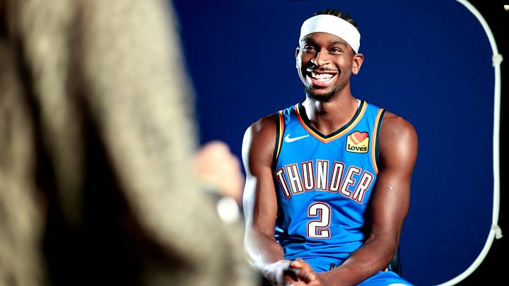 OKC Thunder guard Shai Gilgeous-Alexander answers questions during NBA media day at Paycom Center in Oklahoma City on Monday, Sept. 28, 2026.
