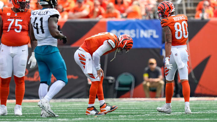 Cincinnati Bengals quarterback Joe Burrow (9) is injured on a play in the second quarter of the NFL Week 2 game between the Cincinnati Bengals and the Jacksonville Jaguars at Paycor Stadium in downtown Cincinnati on Sunday, Sept. 14, 2025. The Jaguars led 17-10 at halftime.