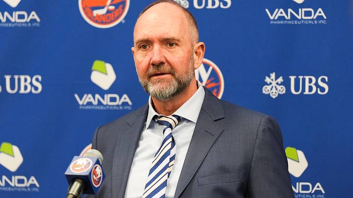 Apr 11, 2026; Elmont, New York, USA; New York Islanders head coach Peter DeBoer speaks to the media after their game against the Ottawa Senators at UBS Arena. Mandatory Credit: Alexander Wohl-Imagn Images Apr 11, 2026; Elmont, New York, USA; New York Islanders head coach Peter DeBoer speaks to the media after their game against the Ottawa Senators at UBS Arena. Mandatory Credit: Alexander Wohl-Imagn Images