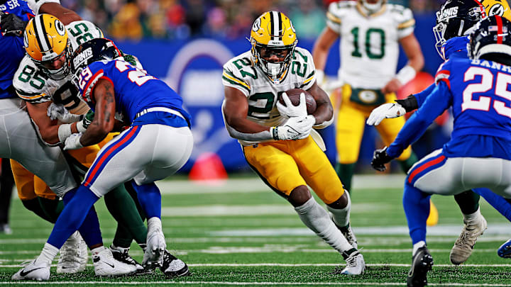 Dec 11, 2023; East Rutherford, New Jersey, USA; Green Bay Packers running back Patrick Taylor (27)
