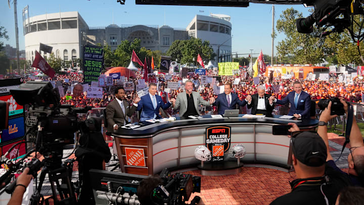 The cast of ESPN College GameDay begins their show prior to the NCAA football game between the Ohio State Buckeyes and the Texas Longhorns at Ohio Stadium on Aug. 30, 2025. The show is the final one for Lee Corso.