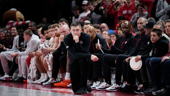 Ohio State Buckeyes head coach Jake Diebler watches during the NCAA men's basketball game against the IU Indy Jaguars at Value City Arena in Columbus on Nov. 3, 2025. Ohio State won the season opener 118-102.