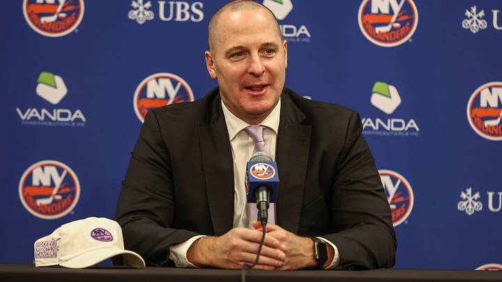 Nov 22, 2025; Elmont, New York, USA; New York Islanders General Manager Mathieu Darche speaks with fans at a pre-game event prior to the game against the St. Louis Blues at UBS Arena. Mandatory Credit: Wendell Cruz-Imagn Images Nov 22, 2025; Elmont, New York, USA; New York Islanders General Manager Mathieu Darche speaks with fans at a pre-game event prior to the game against the St. Louis Blues at UBS Arena. Mandatory Credit: Wendell Cruz-Imagn Images