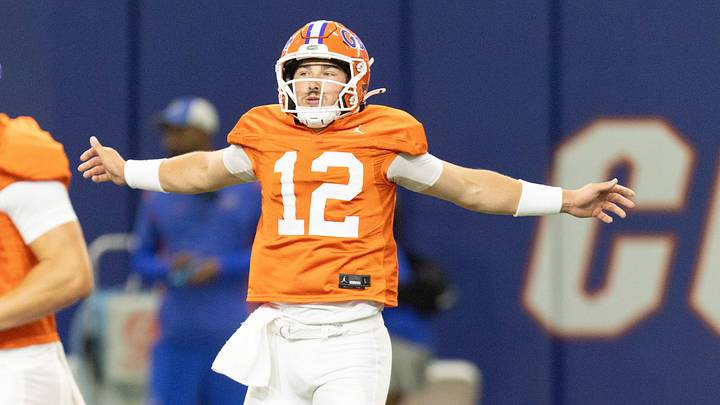 Florida quarterback Aaron Philo (12) warms up during Florida Football Fall camp availability at Heavener Football Training Center in Gainesville, FL on Wednesday, August 5, 2026. [Alan Youngblood/Gainesville Sun]