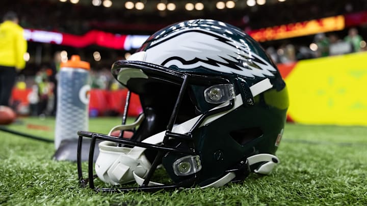 Feb 9, 2025; New Orleans, LA, USA; Detailed view of a Philadelphia Eagles helmet during Super Bowl LIX at Ceasars Superdome. Mandatory Credit: Mark J. Rebilas-Imagn Images