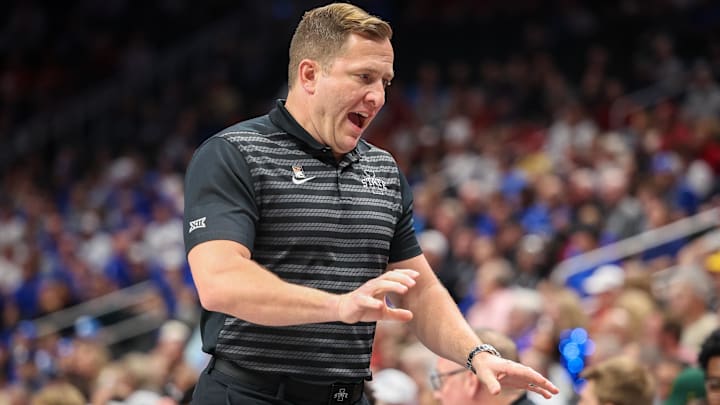 Mar 13, 2025; Kansas City, MO, USA; Iowa State Cyclones coach TJ Otzelberger during the first half against the Brigham Young Cougars at T-Mobile Center.