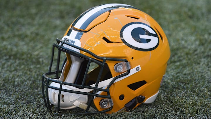 September 4, 2014; Seattle, WA, USA; General view of a Green Bay Packers helmet before the game against the Seattle Seahawks at CenturyLink Field. Mandatory Credit: Kyle Terada-Imagn Images