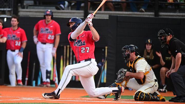 Ole Miss Rebels infielder Judd Utermark (27) bats against the Southern Miss Golden Eagles at Pete Taylor Park in Hattiesburg, Miss., on Mar. 10, 2026.